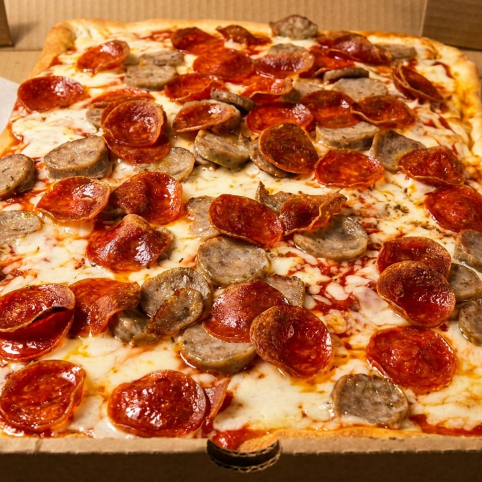 Rectangular pizza topped with melted cheese, pepperoni, and sausage sits in an open cardboard delivery box.