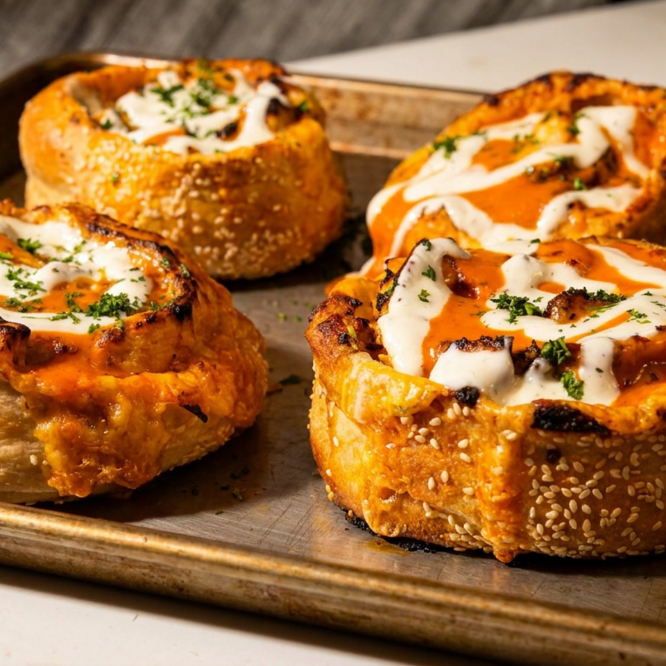 Four golden baked rolls topped with orange sauce, white cheese, and herbs sit on a metal baking tray.