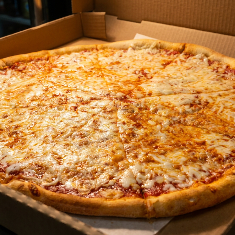 Large cheese pizza with a golden crust sits in an open cardboard delivery box.