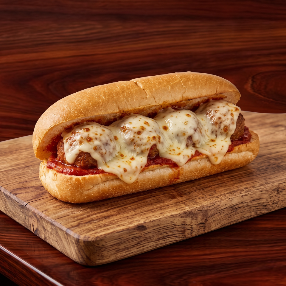 Meatball sub with marinara sauce and melted browned cheese on a toasted roll, served on a wooden cutting board.