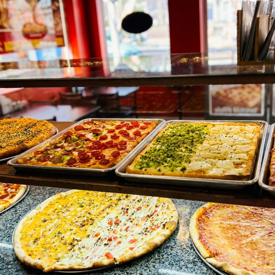 Display case showcasing assorted rectangular and round pizzas, including pepperoni, vegetable, cheese, and herb-topped varieties.