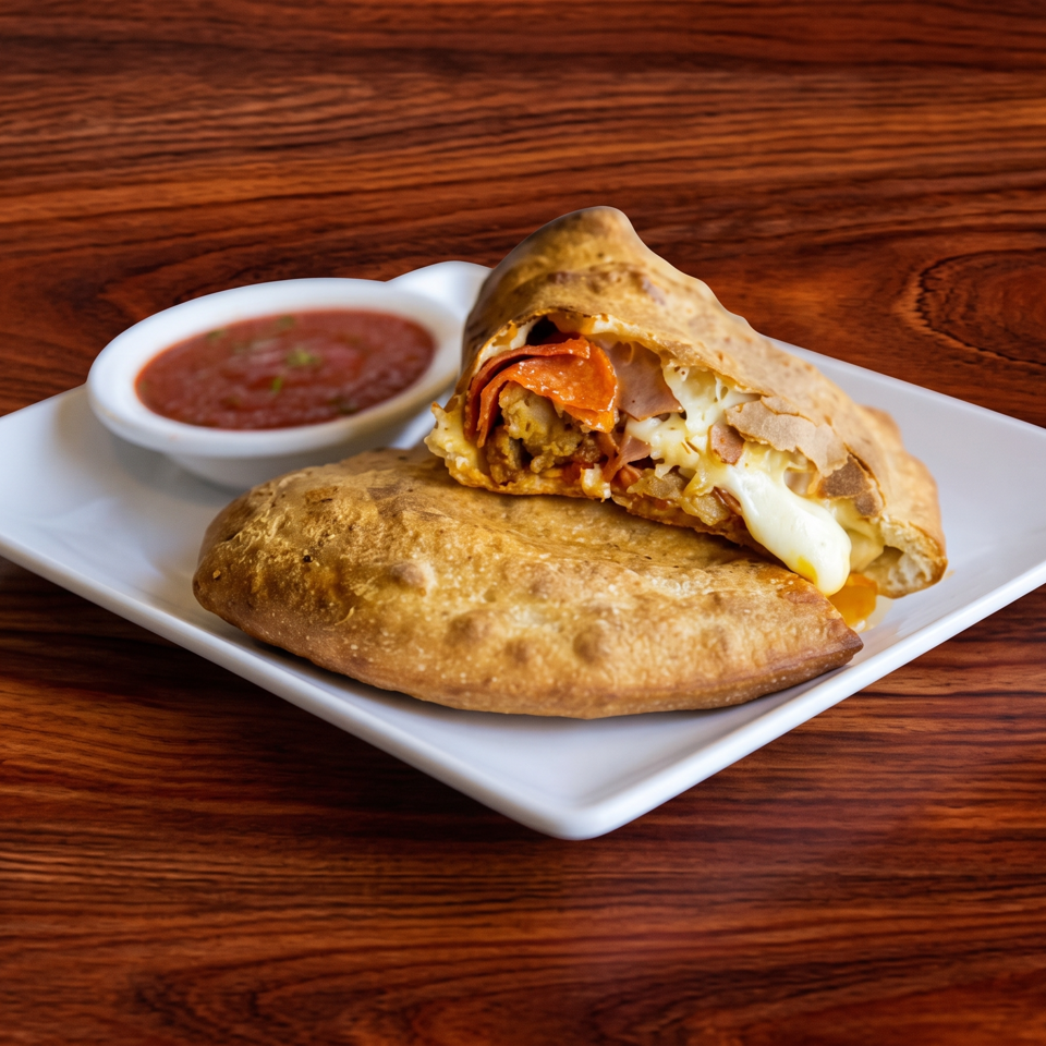 Cheesy folded quesadilla with pepperoni and ham, served with salsa on a white plate atop a wooden table.